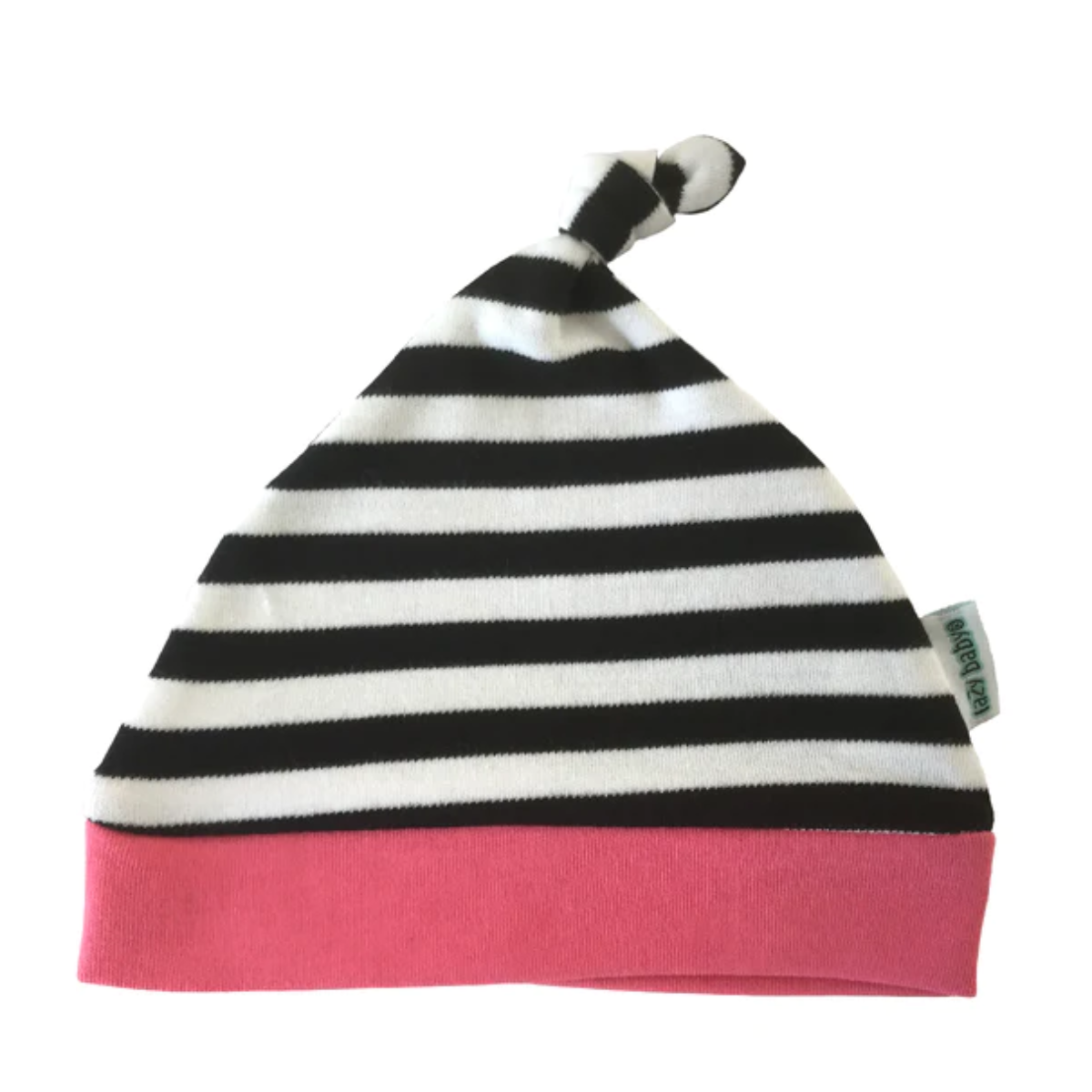 Stripy black white and pink hat with knot detail