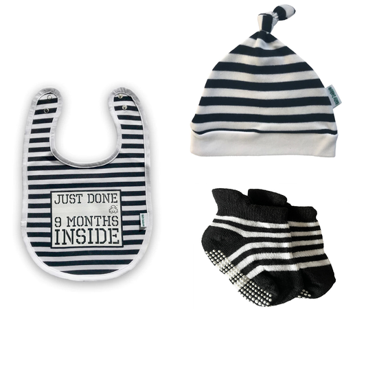 Just Done 9 Months Inside bib with stripy black and white hat and socks