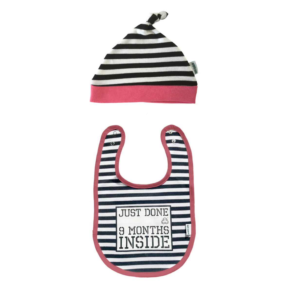 Just Done 9 Months slogan bib with matching stripy hat black white and pink